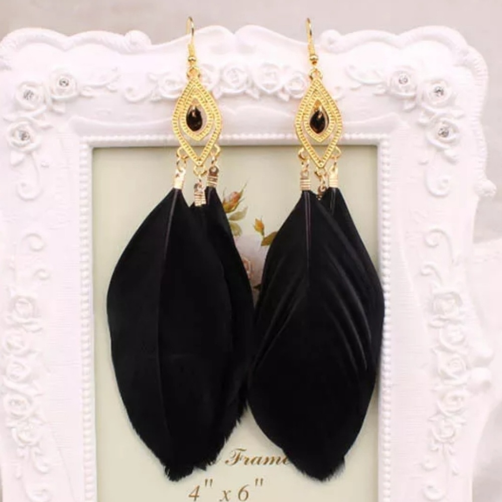 2/$15 Black Dangle Feather Earrings Boho Drop Chic
